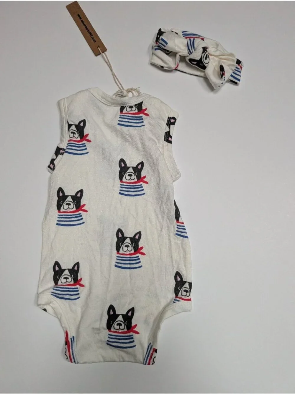 SpearmintLOVE French Bulldog Sleeveless Bodysuit Bow Headband Set 3-6 Baby Rompe